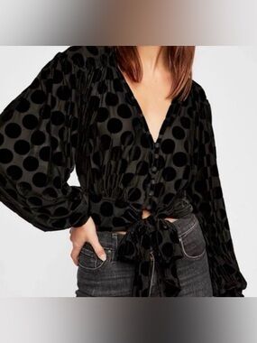 Free People Top Dottie Black Polka Dot Velvet Tie Waist Button Blouse NWOT